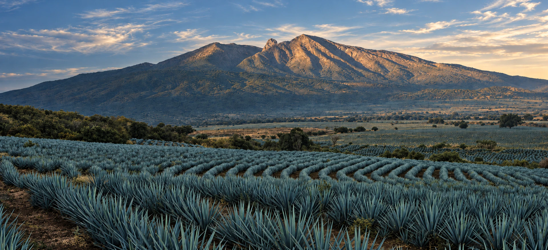 Volcanic ridgeline rising above cultivated blue-agave fields in Jalisco